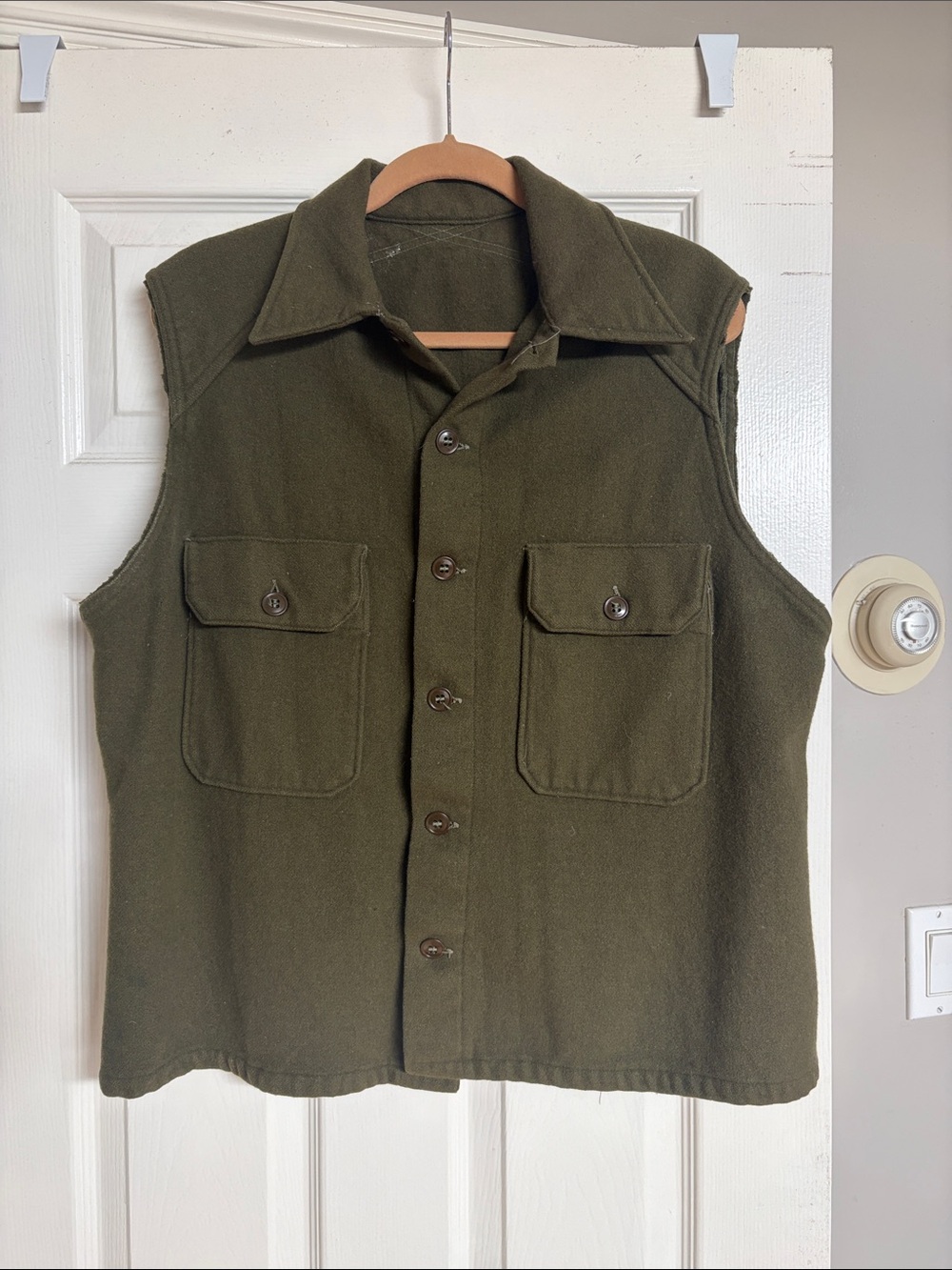 vintage wool custom cropped sleeveless vest olive green button closure